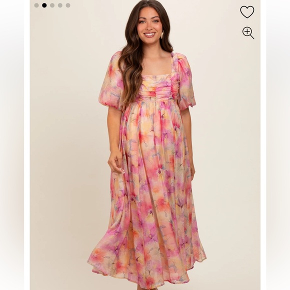 Pink Floral Square Neck Short Puff Sleeve Lace-Up Back Maternity Midi Dress - Picture 2 of 5